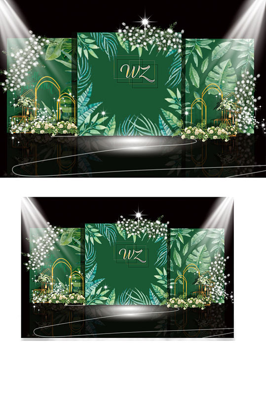 夏季清凉森系婚礼效果图绿色迎宾合影区背景-众图网