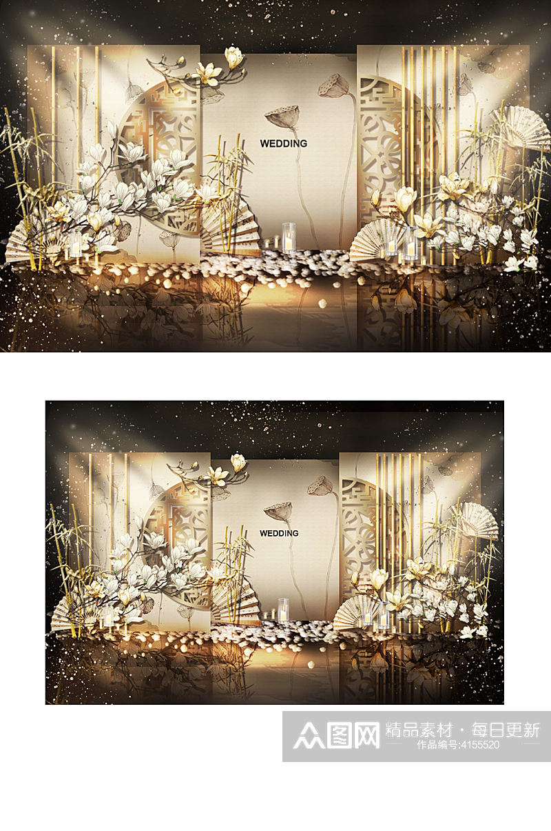 新中式婚礼合影区效果图香槟色浪漫轻奢背景素材