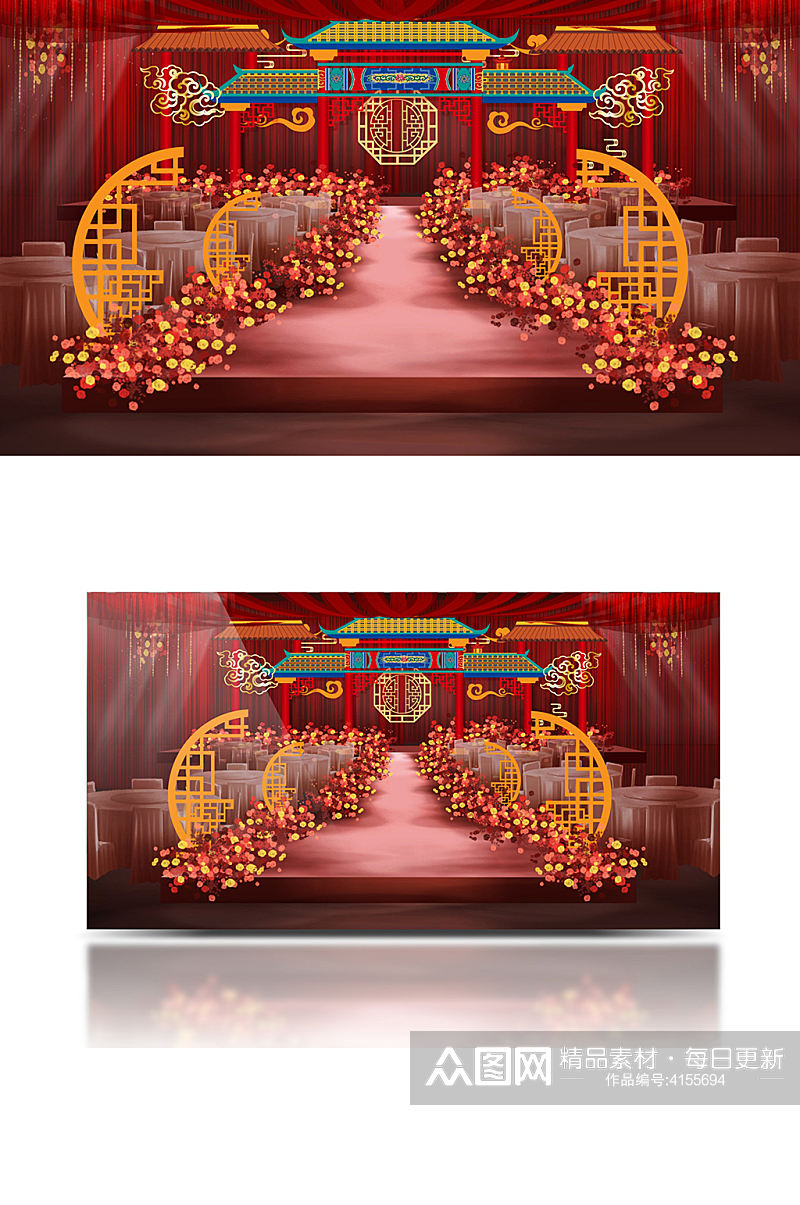 红色中式婚礼舞台设计大气中国风浪漫素材