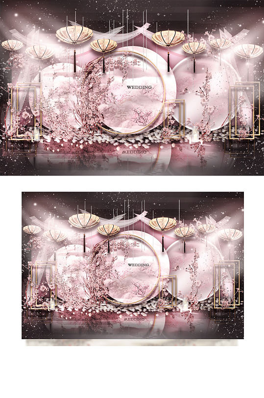 新中式婚礼合影区效果图粉色唯美浪漫背景-众图网