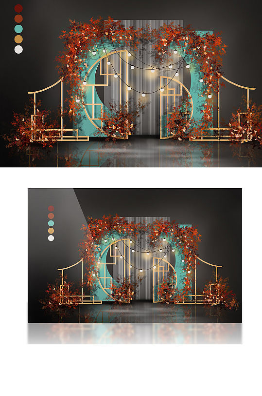橙绿撞色新中式金色窗格婚礼效果图合影区-众图网