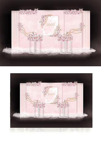 粉色水彩梦幻立体婚礼合影区效果图背景板
