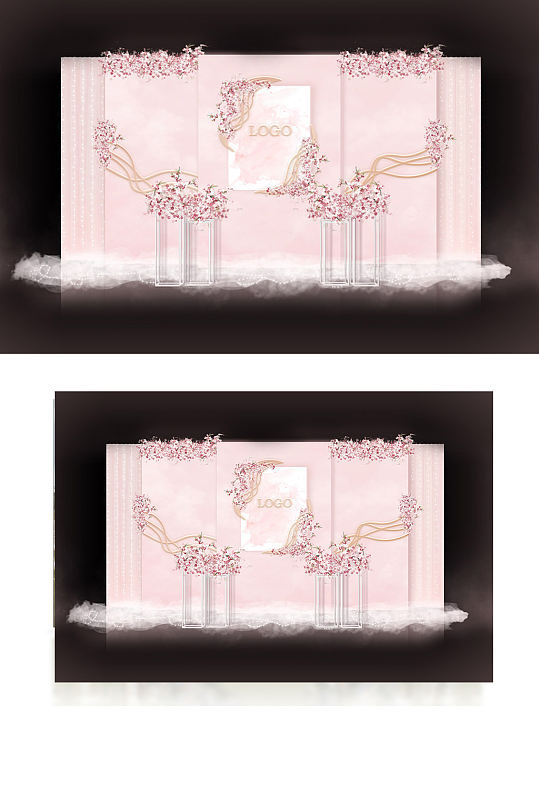 粉色水彩梦幻立体婚礼合影区效果图背景板