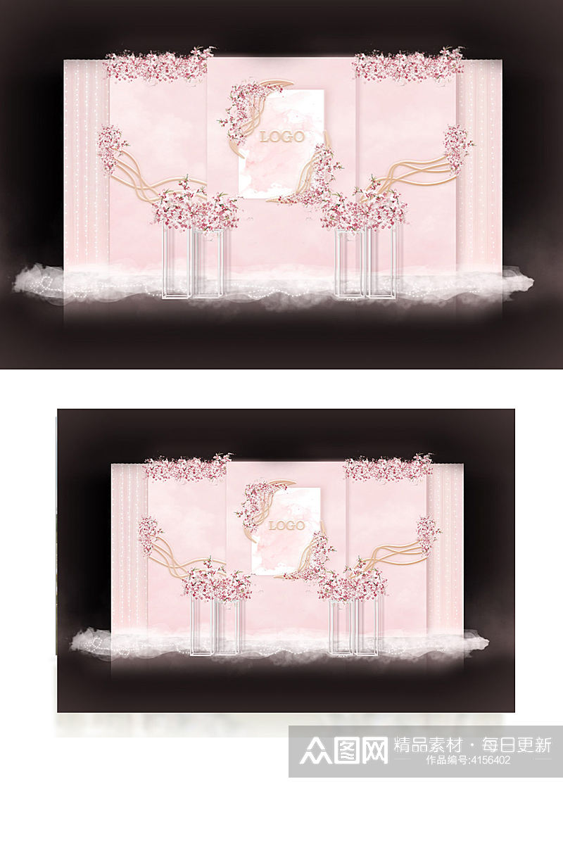 粉色水彩梦幻立体婚礼合影区效果图背景板素材
