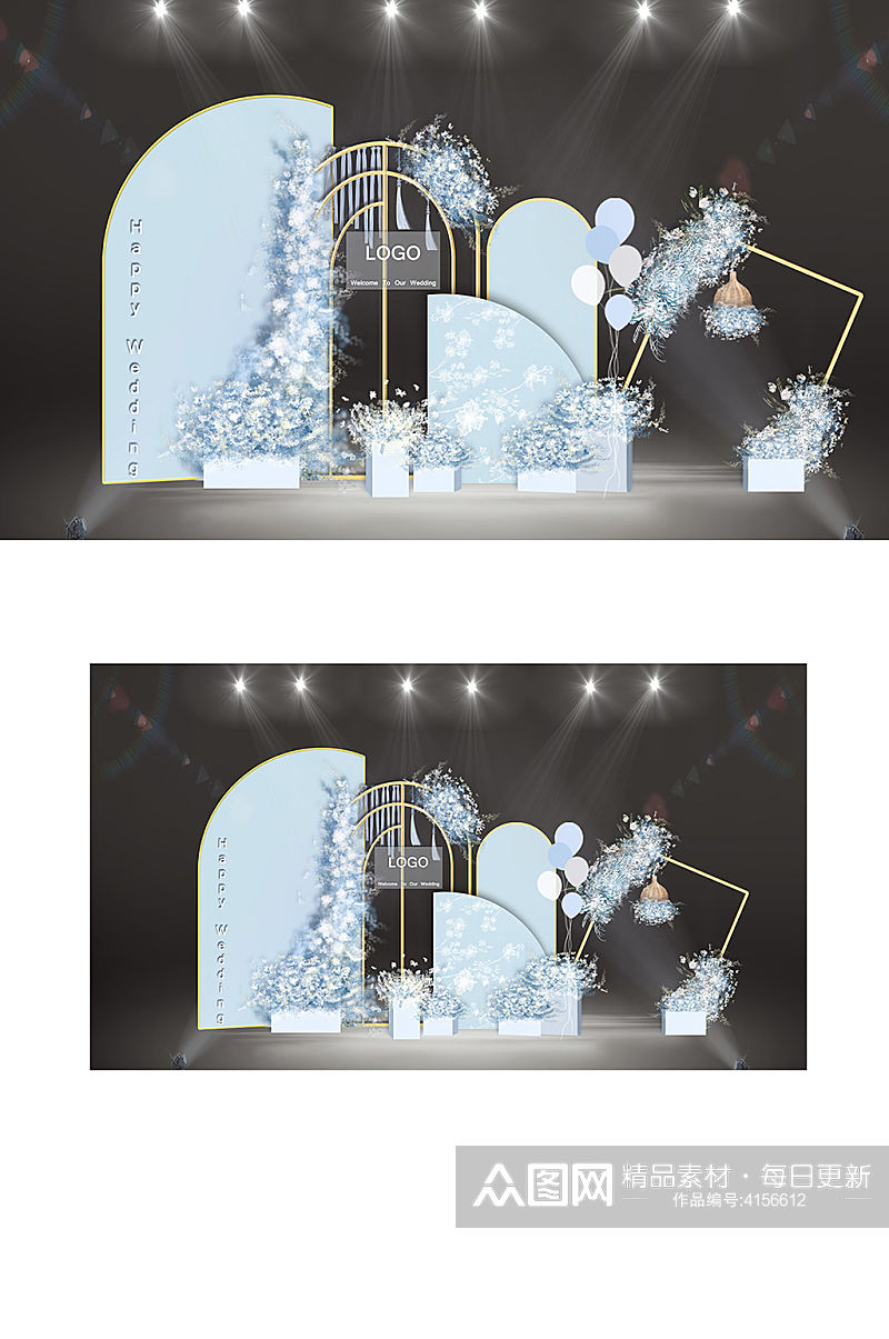 淡蓝色异形户外婚礼迎宾合影区背景板梦幻素材