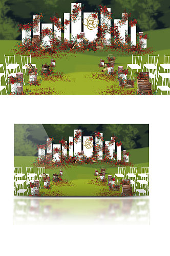 白红色草坪婚礼几何矩形组合式婚礼背景清新