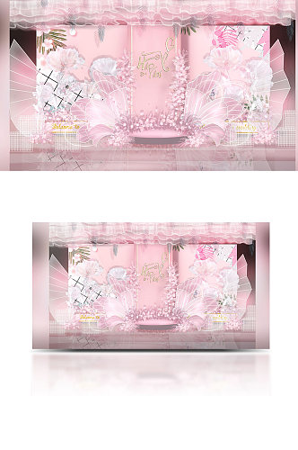 粉色甜美蕾丝热气球童话婚礼合影区设计背景