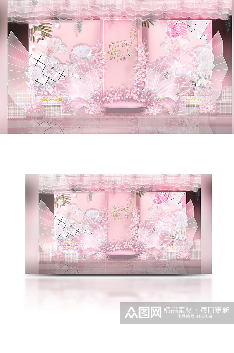 粉色甜美蕾丝热气球童话婚礼合影区设计背景素材