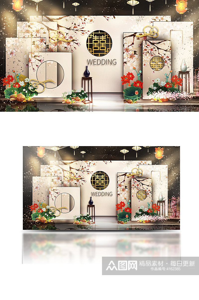 香槟色新中式迎宾区婚礼效果图中国风背景板素材