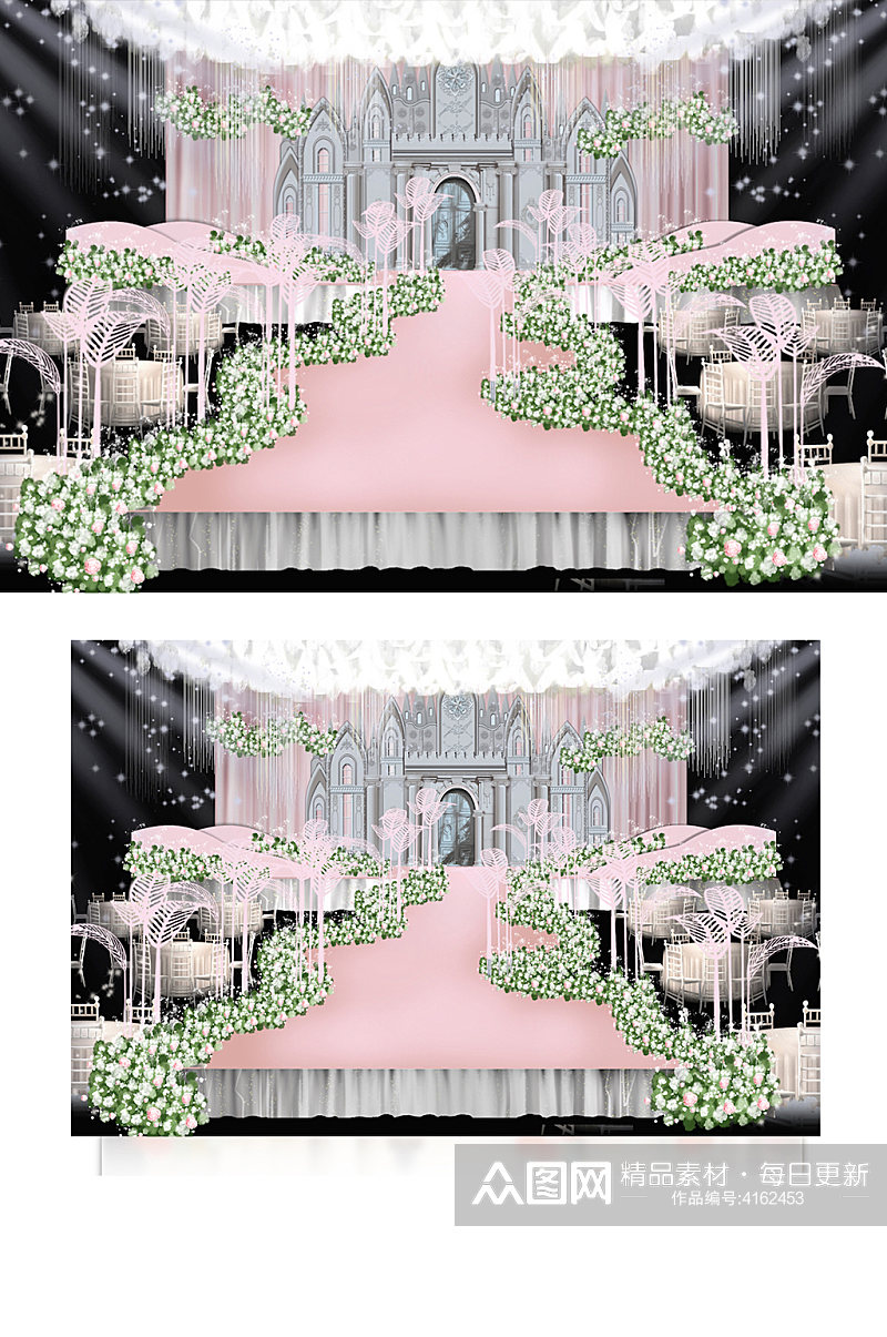 粉色城堡婚礼效果图浪漫温馨清新可爱舞台素材