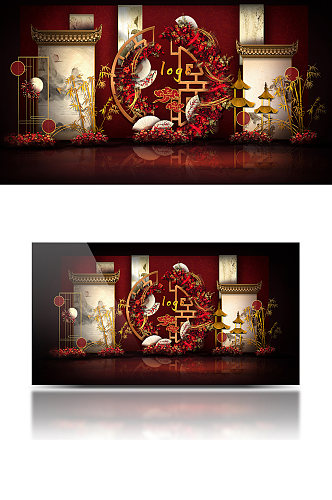 红金白中式婚礼效果图迎宾中国风背景板