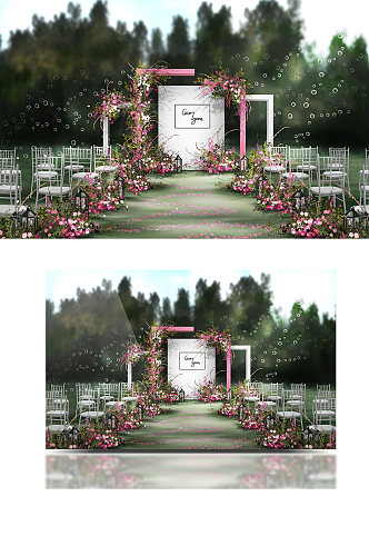 简约轻复古白绿玫粉色户外草坪婚礼效果图