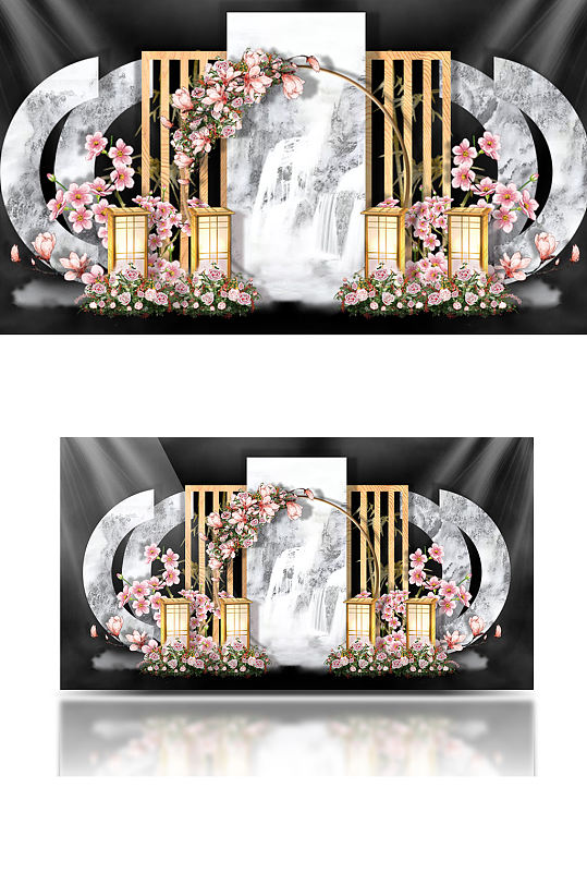 简约新中式婚礼留影区效果图合影区背景板