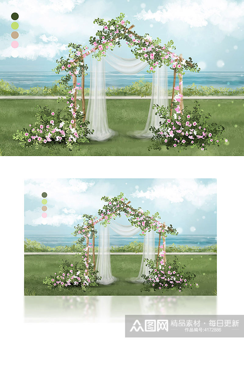 小清新白绿粉色森系拱门户外婚礼效果图素材