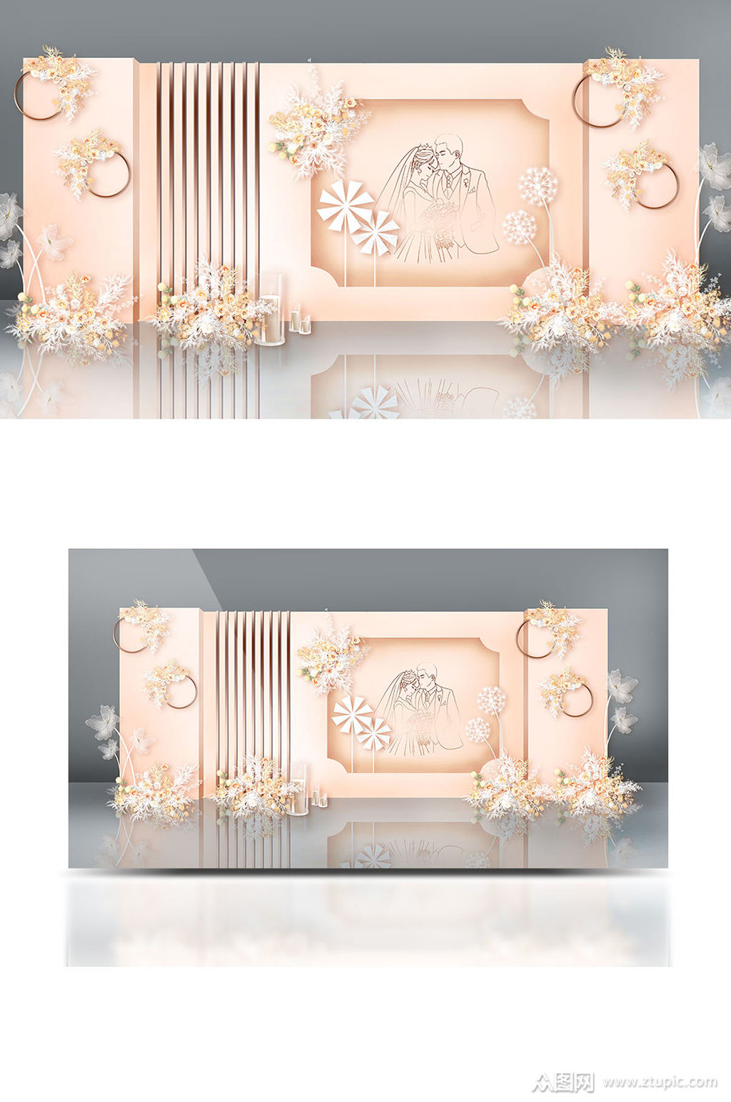 原创香槟粉婚礼迎宾区背景板浪漫温馨大气素材