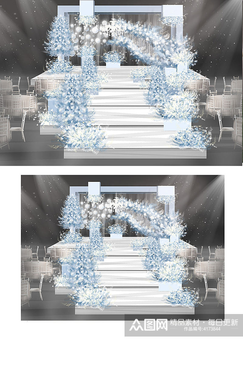 蓝色冰雪世界婚礼效果图梦幻舞台清新浪漫素材