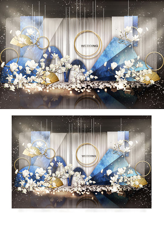 新中式婚礼合影区效果图中国风蓝色背景板