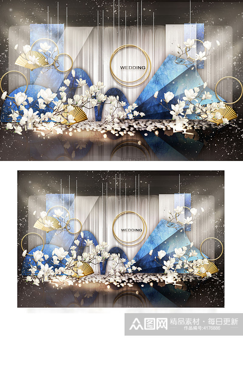 新中式婚礼合影区效果图中国风蓝色背景板素材