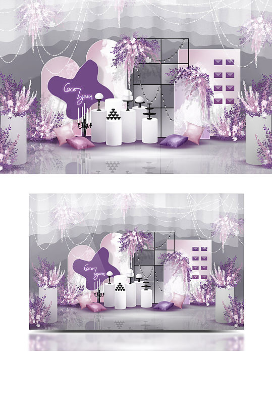 唯美浪漫紫色清新婚礼效果图迎宾甜品区背景