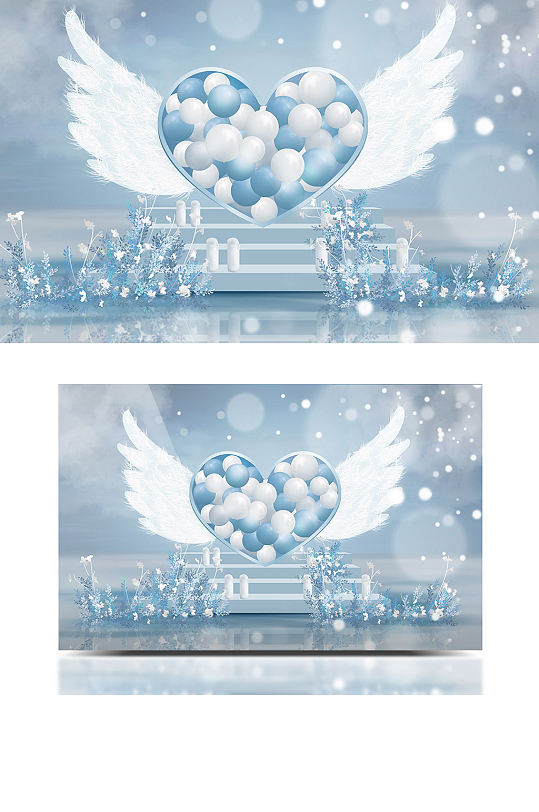 冰蓝色心形翅膀气球派对生日婚礼效果图梦幻