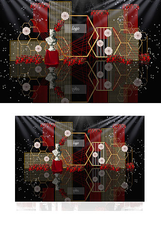 红金色几何蜂巢结构婚礼舞台效果图背景板