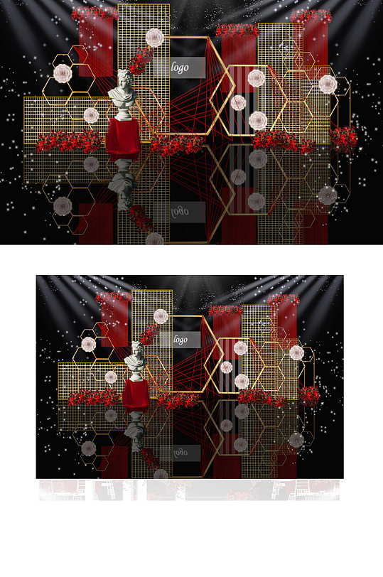 红金色几何蜂巢结构婚礼舞台效果图背景板