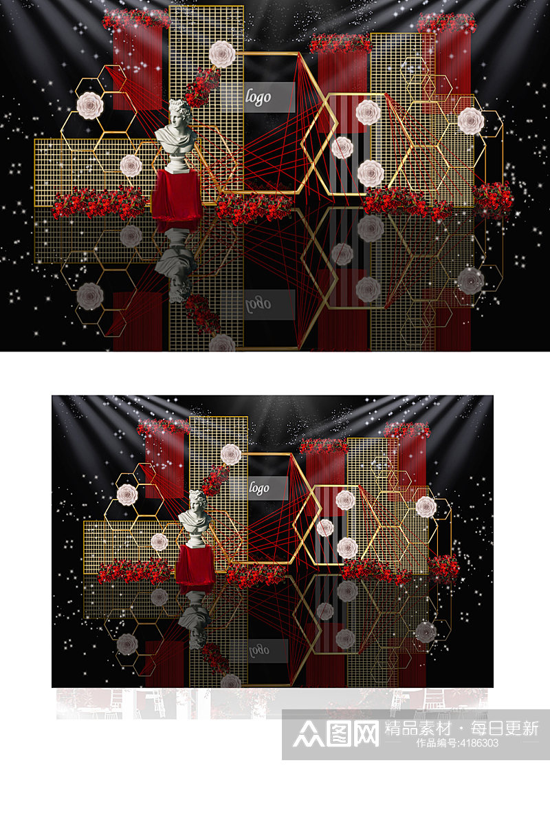 红金色几何蜂巢结构婚礼舞台效果图背景板素材