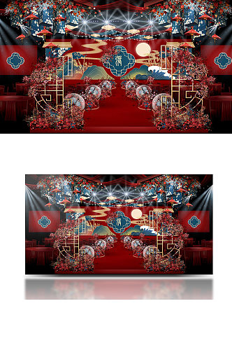 红蓝撞色大气中国风新中式舞台婚礼效果图