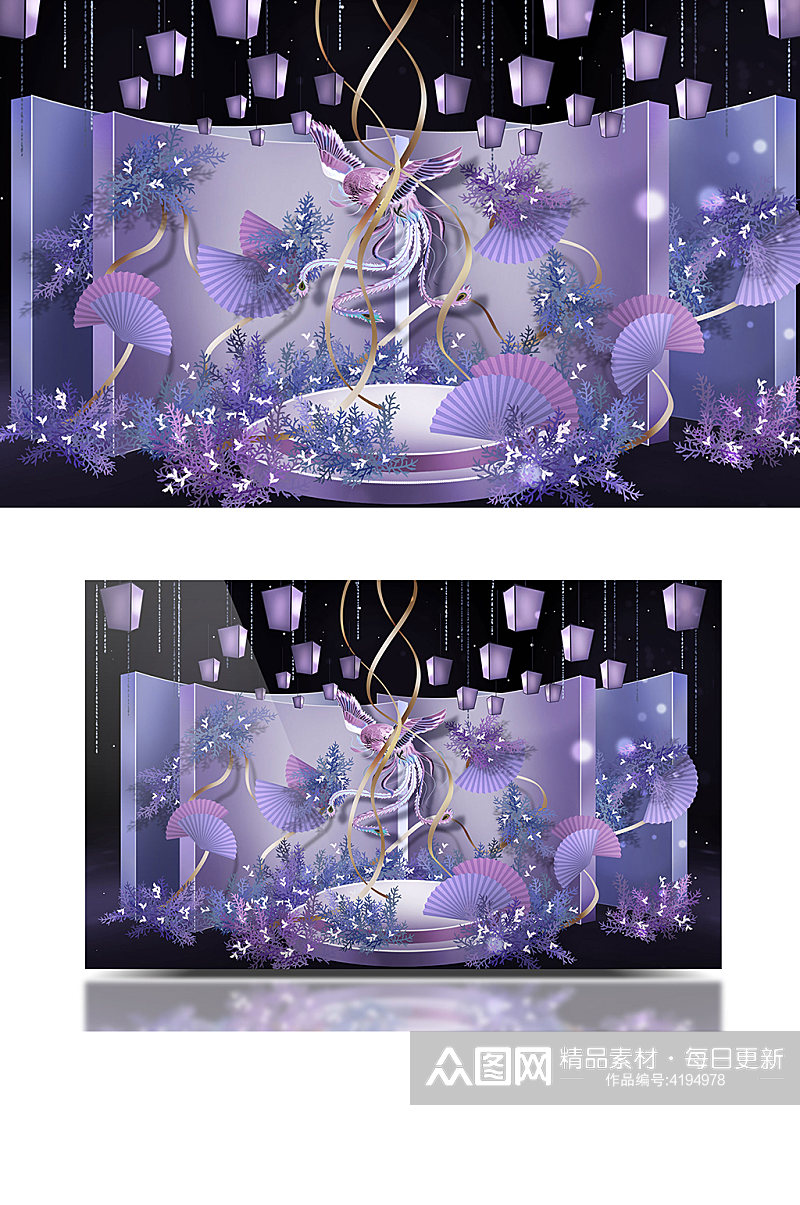 梦幻蓝紫色寻梦国风新中式婚礼效果图素材
