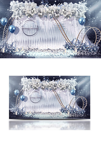 白色梦幻婚礼迎宾区效果图蓝色合影背景板