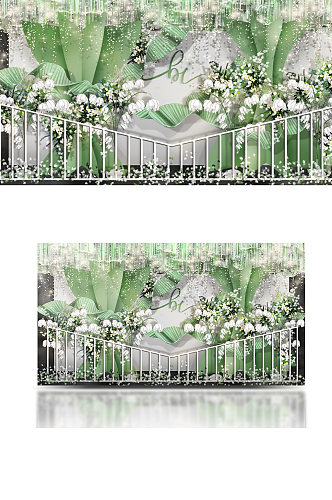白绿色折纸婚礼效果图温馨合影迎宾背景板