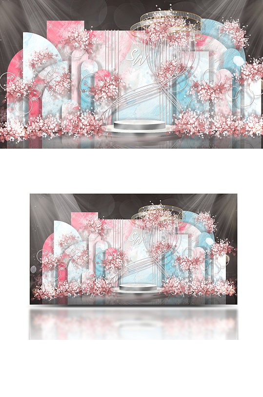 粉蓝色抽象油画背景婚礼效果图清新背景板