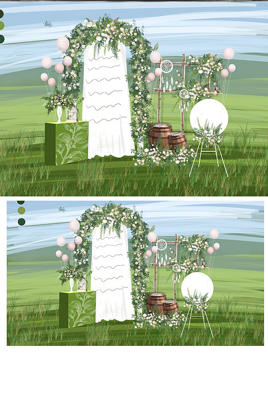 原创白绿小清新户外婚礼迎宾区效果图草坪