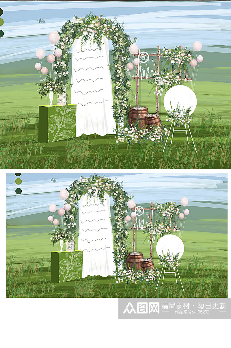 原创白绿小清新户外婚礼迎宾区效果图草坪素材
