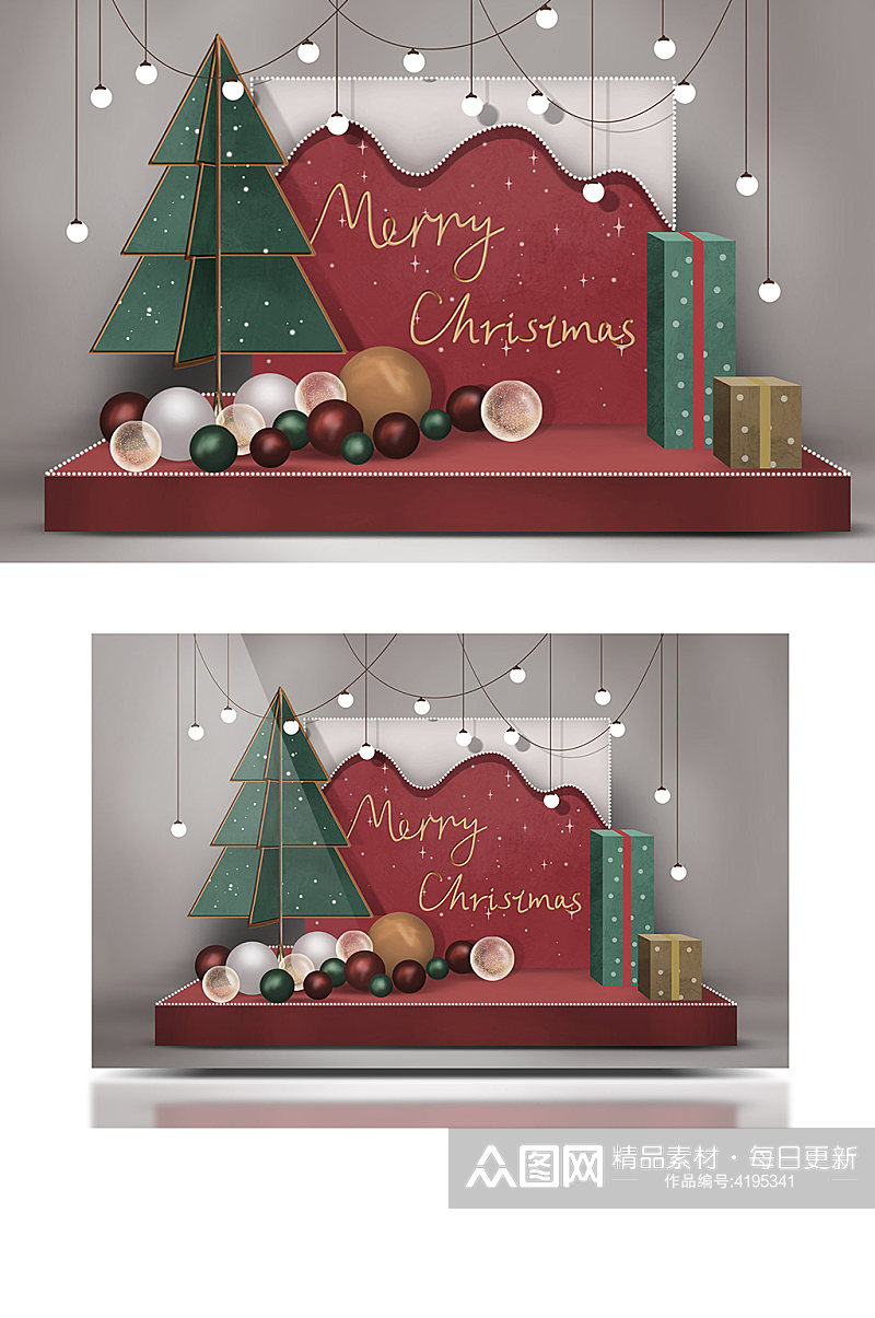 复古风红绿撞色圣诞商场促销场景派对效果图素材