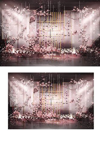 新中式婚礼合影区效果图浪漫粉色迎宾背景板