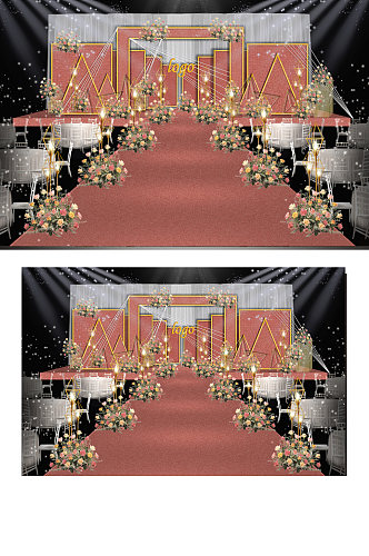 红金色质感创意几何婚礼舞台效果图舞台