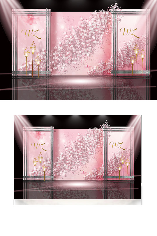 粉色水彩樱花婚礼背景迎宾区效果图背景板
