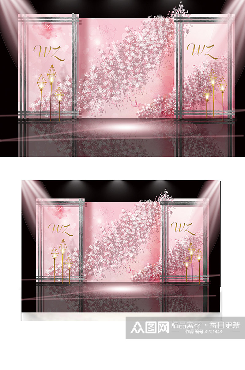 粉色水彩樱花婚礼背景迎宾区效果图背景板素材