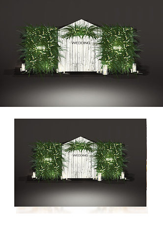 户外森系婚礼合影区白绿色迎宾背景板