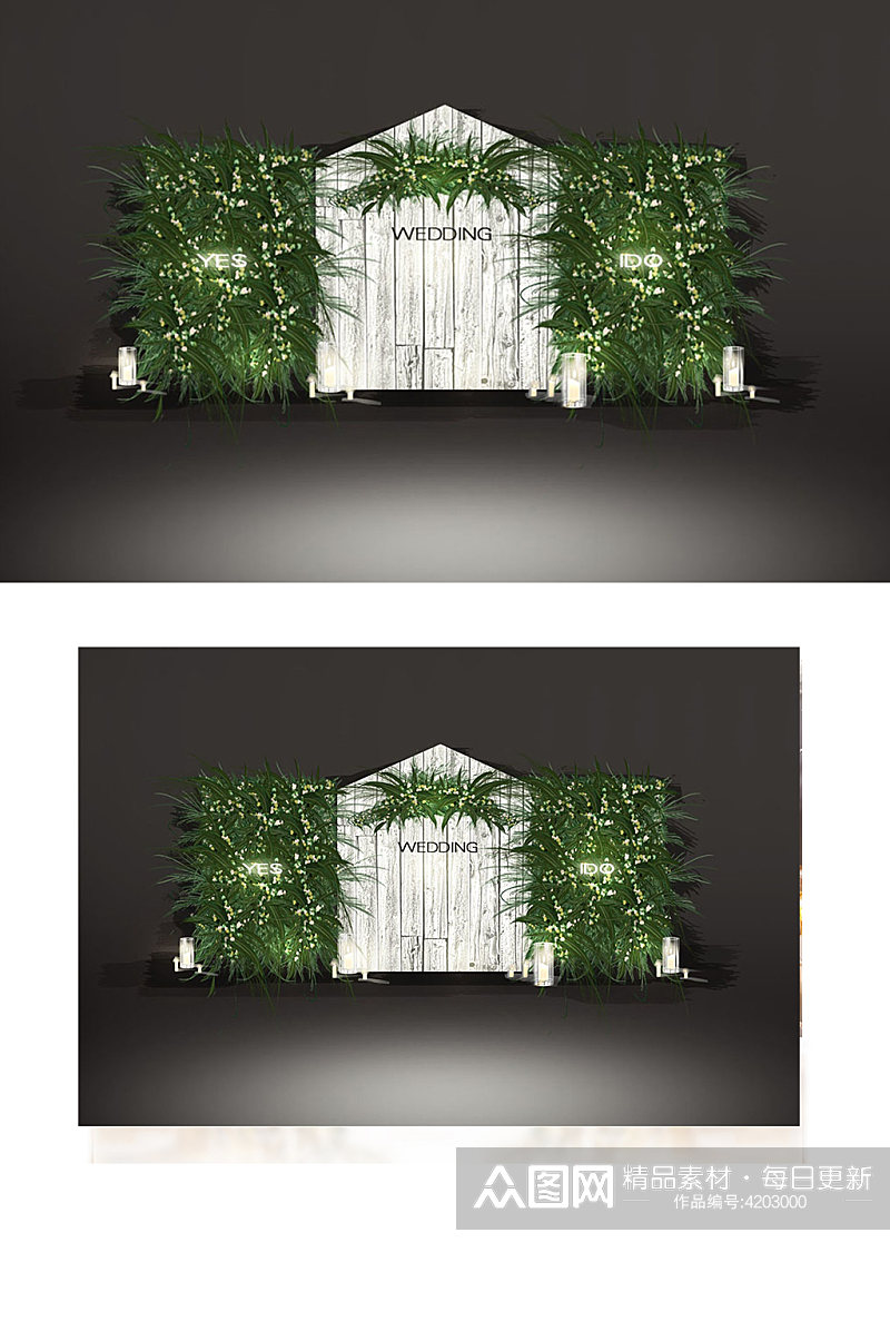户外森系婚礼合影区白绿色迎宾背景板素材