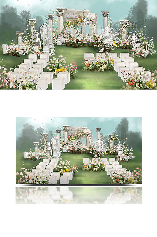 白绿色花园风婚礼户外效果图欧式庭院