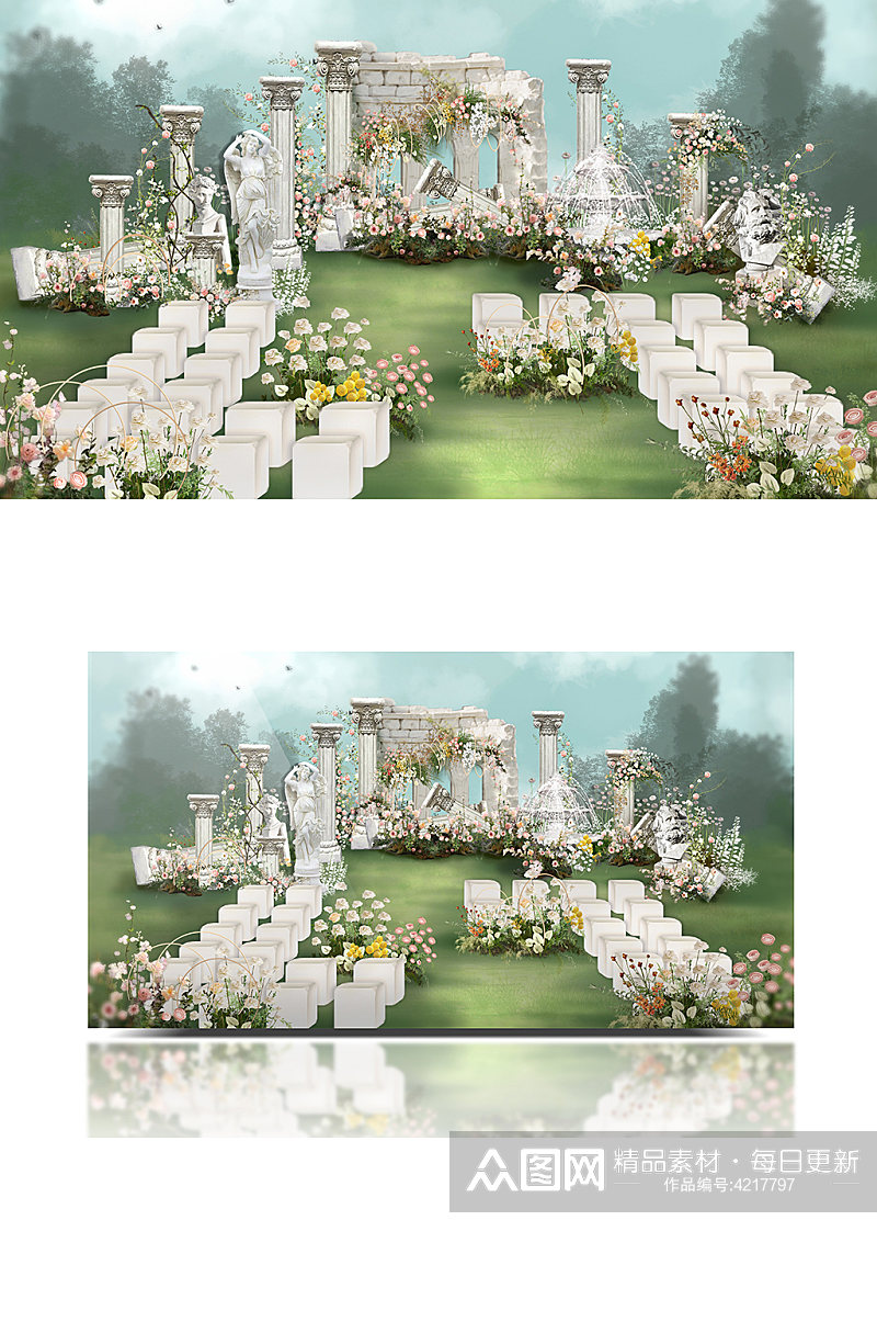 白绿色花园风婚礼户外效果图欧式庭院素材