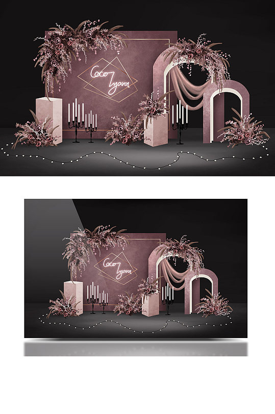 莫兰迪粉色豆沙粉复古小众婚礼效果图合影区