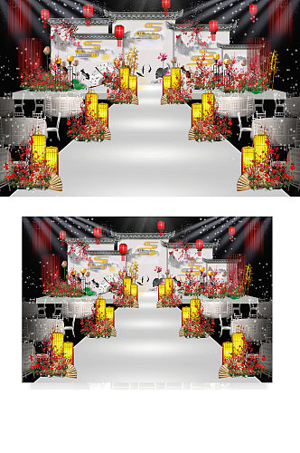 红白中国风江南风婚礼舞台效果图中式