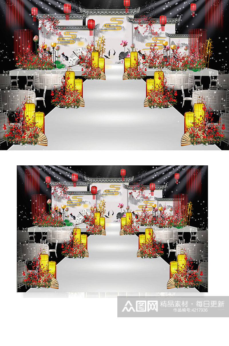 红白中国风江南风婚礼舞台效果图中式素材