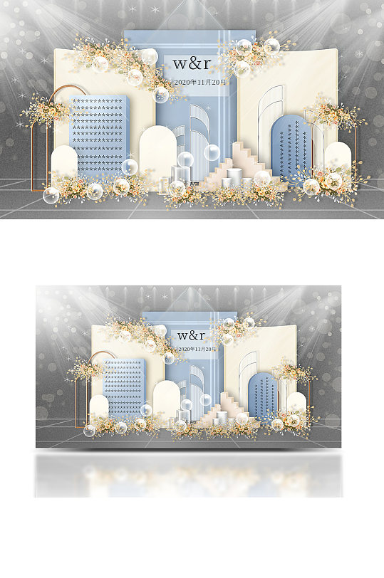 简约香槟撞浅蓝色婚礼效果图迎宾背景板-众图网