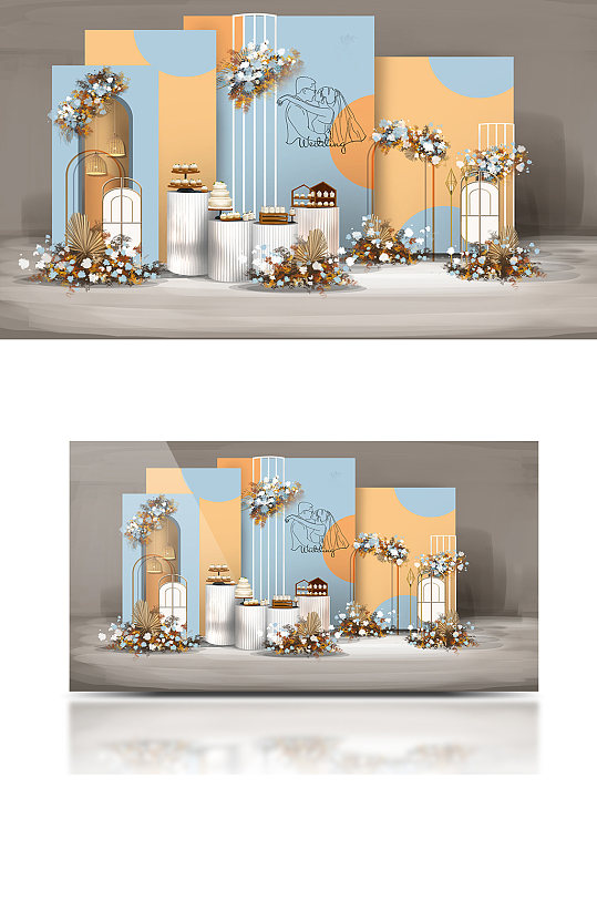 蓝橙简约泰式婚礼甜品区效果图合影背景板