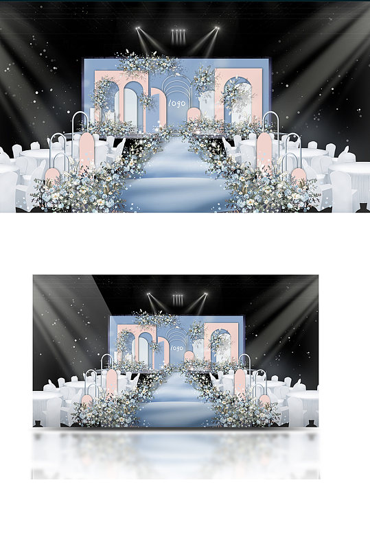 蓝粉色婚礼手绘效果图舞台清新可爱浪漫-众图网