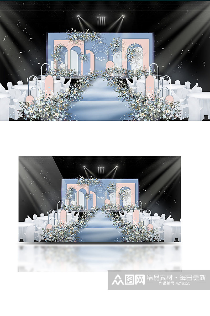 蓝粉色婚礼手绘效果图舞台清新可爱浪漫素材